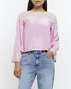 Pink satin lace long sleeve top
