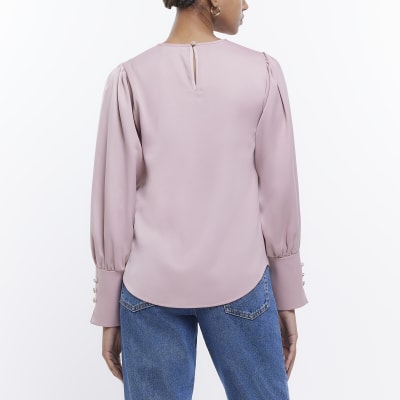 Pink satin long sleeve blouse