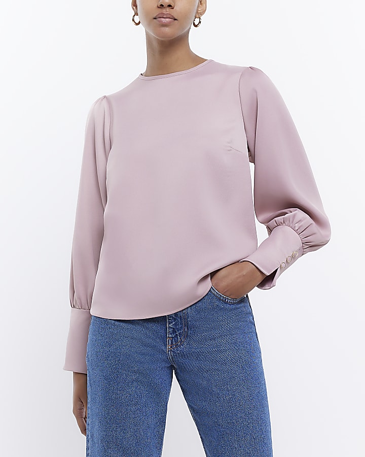 Pink satin long sleeve blouse