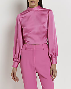 Pink satin long sleeve cropped blouse