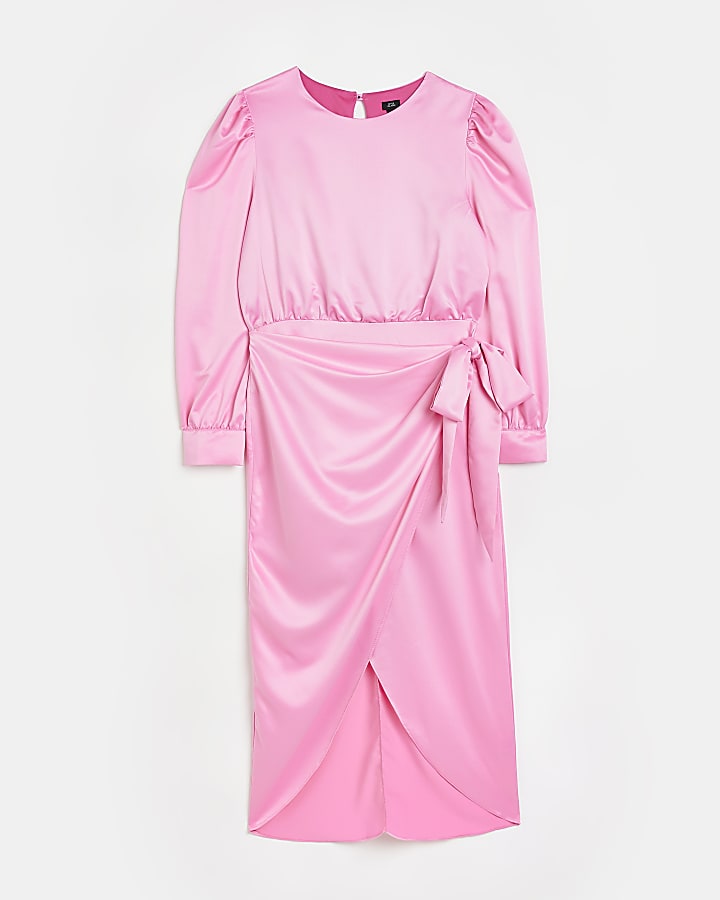 Pink satin long sleeve wrap midi dress