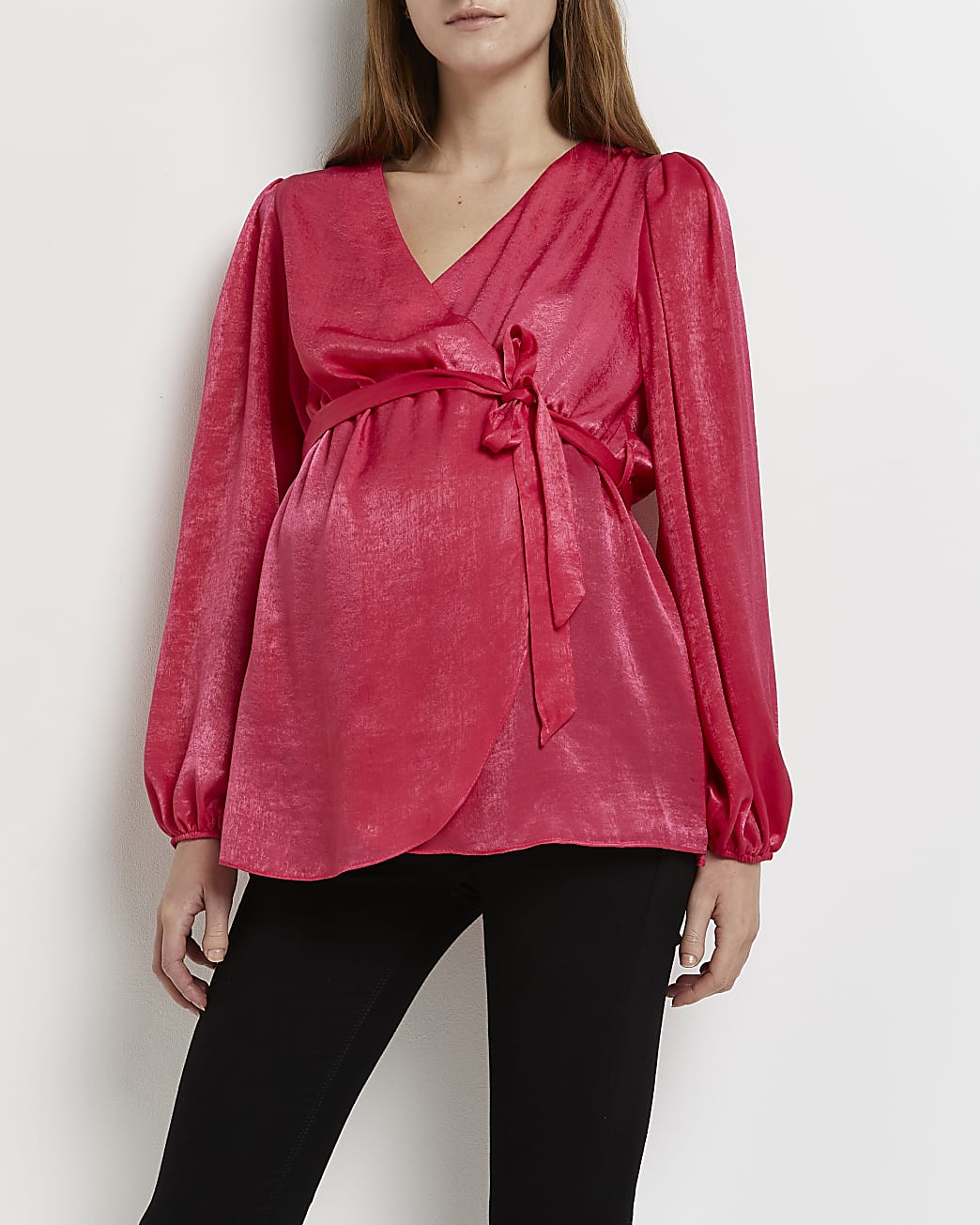 Pink satin maternity wrap blouse