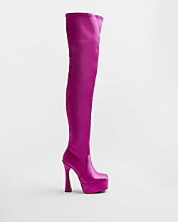 Pink satin over the knee boots