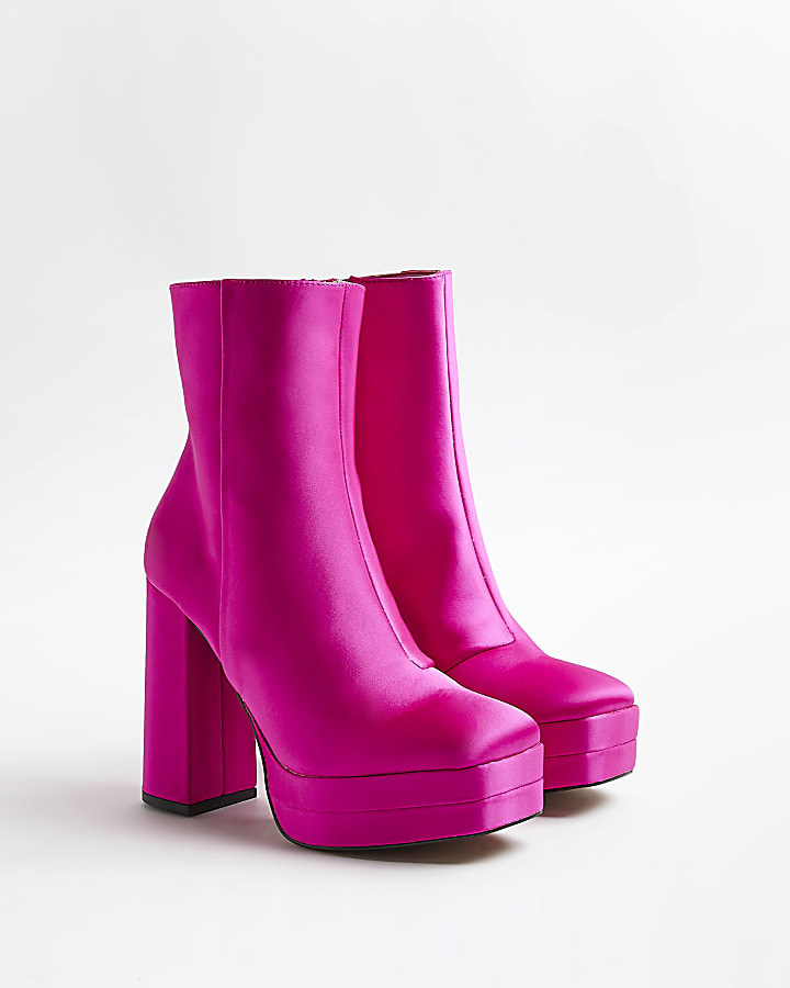 Pink satin platform ankle boots