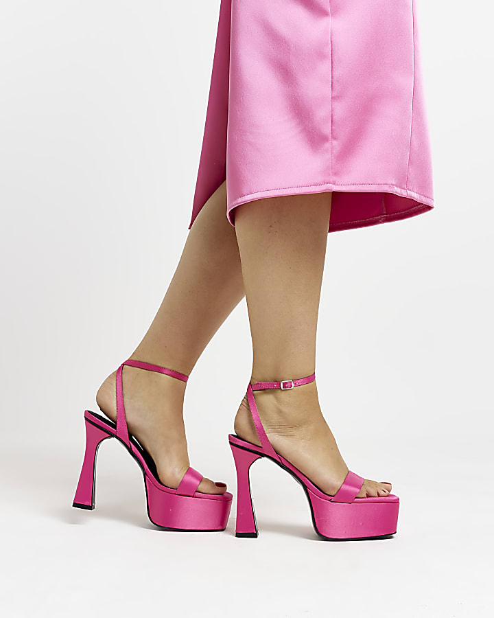 Pink satin platform heels