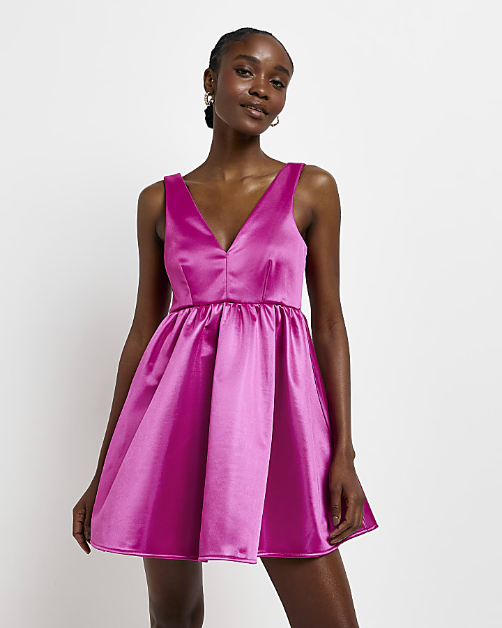 Pink satin plunge prom mini dress