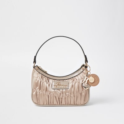 Pink satin ruched scoop shoulder bag River Island