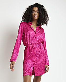 Pink satin spot mini shirt dress