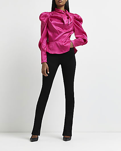 Pink satin spot ruched blouse