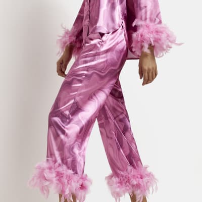 Pink satin swirl feather trim wide trousers River Island