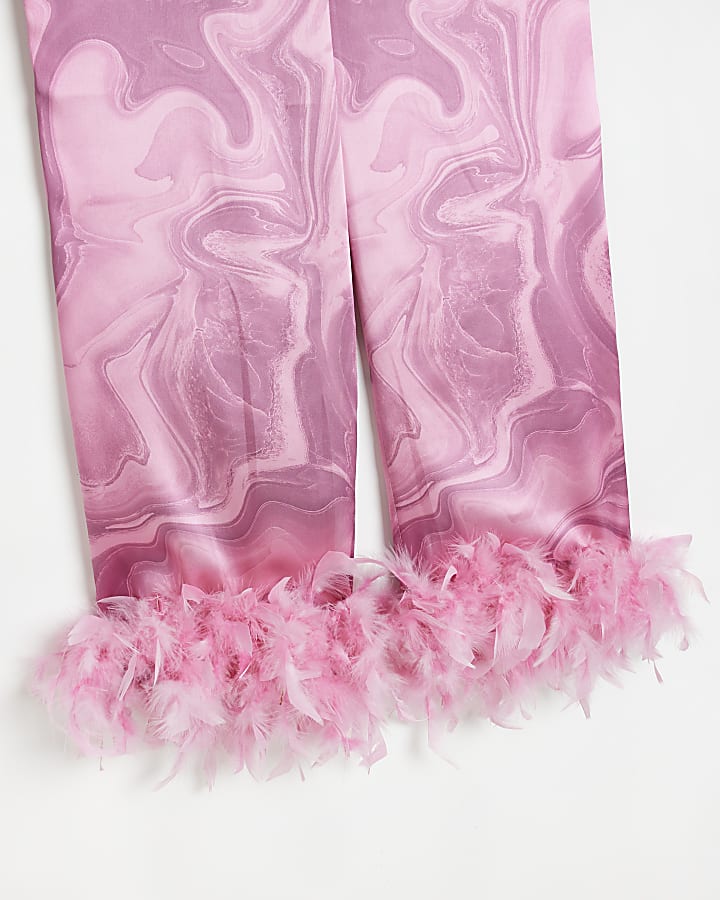 Pink satin swirl feather trim wide trousers