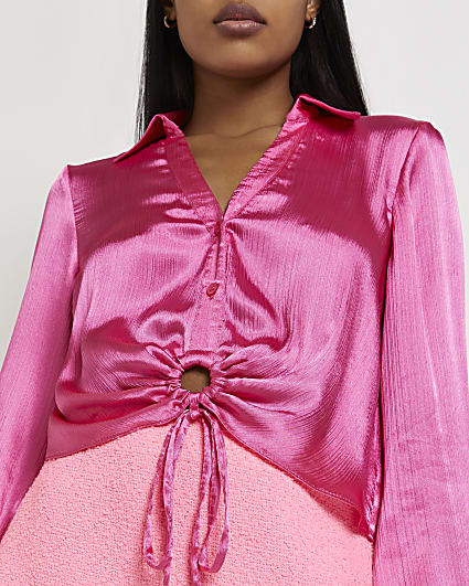 Pink satin tie front blouse
