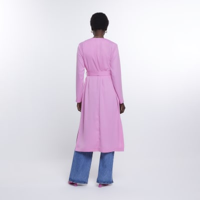 Pink satin tie waist duster coat River Island