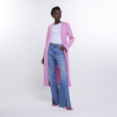 Pink satin tie waist duster coat River Island