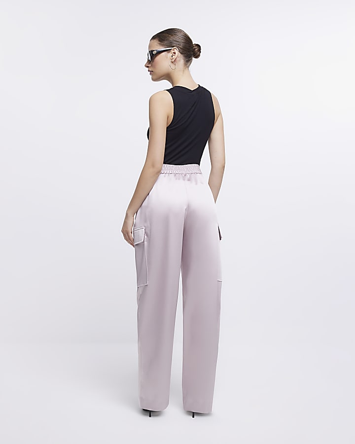 Pink satin wide leg cargo trousers