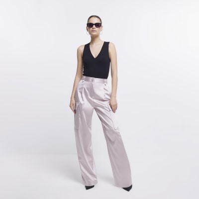 Pink satin wide leg cargo trousers