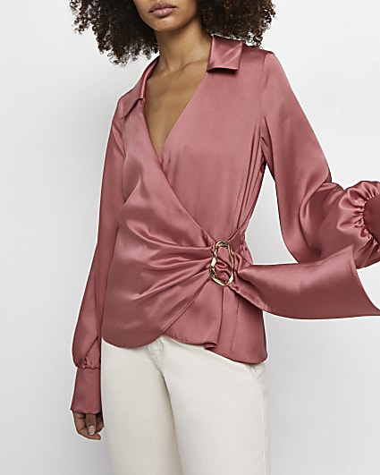 Pink satin wrap blouse