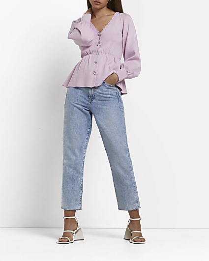 Pink scallop edge peplum knit blouse