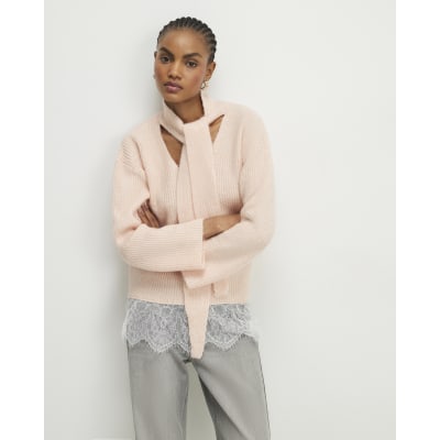 Pink Scarf Neck Lace Hem Jumper