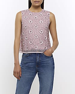 Pink sequin floral sleeveless top