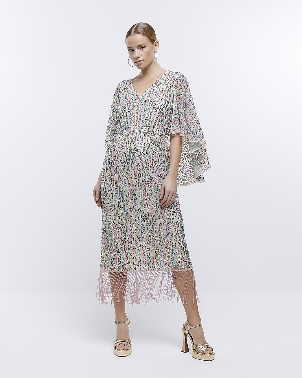 riverisland.com | Pink Sequin Tassel Bodycon Midi Dress