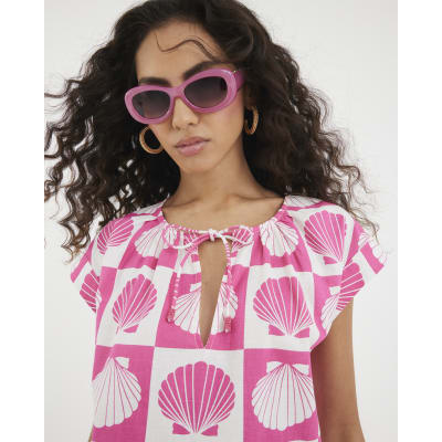 Pink Shell Print Tie Front Beach Top