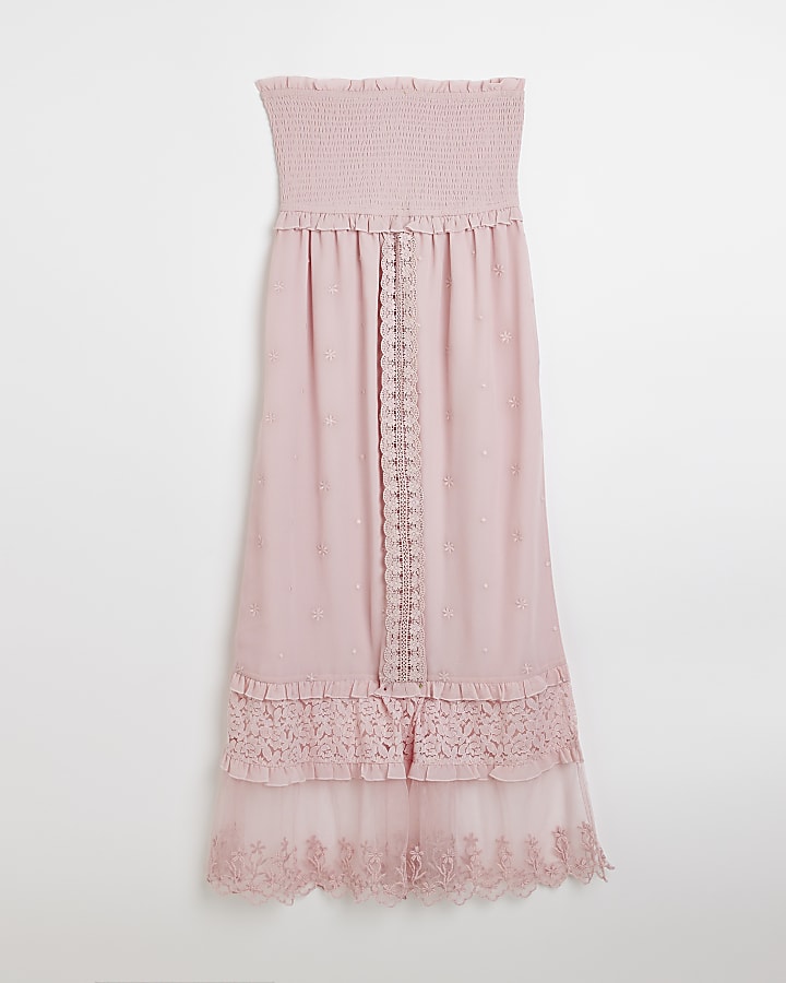 Pink shirred bandeau maxi dress