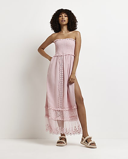 Pink shirred bandeau maxi dress