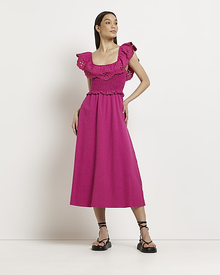 Pink shirred broidery midi dress
