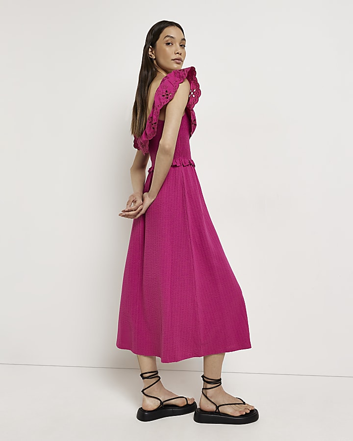 Pink shirred broidery midi dress