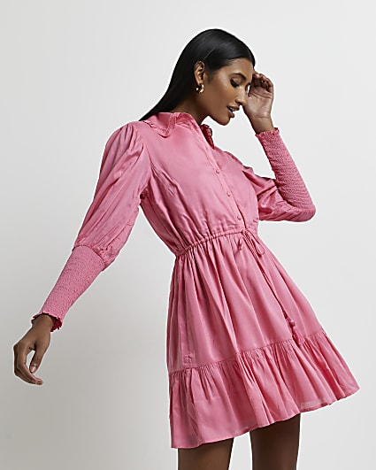 Pink shirred mini shirt dress