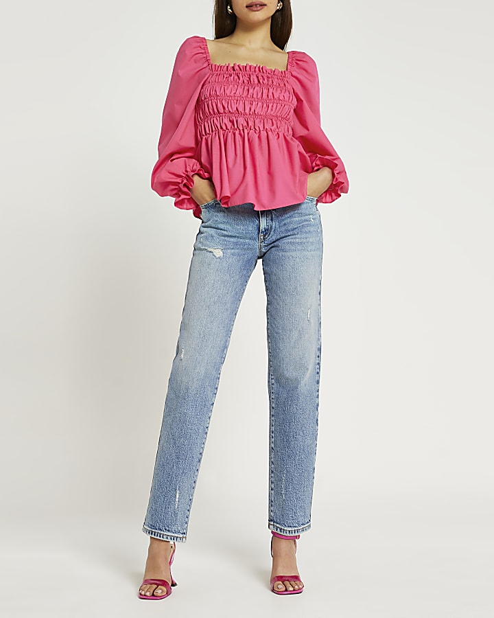 Pink shirred puff sleeve top