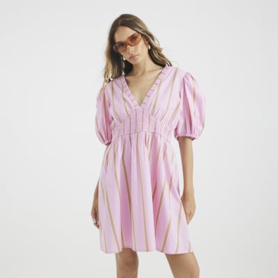 Pink Short Puff Sleeve Stripe Mini Dress