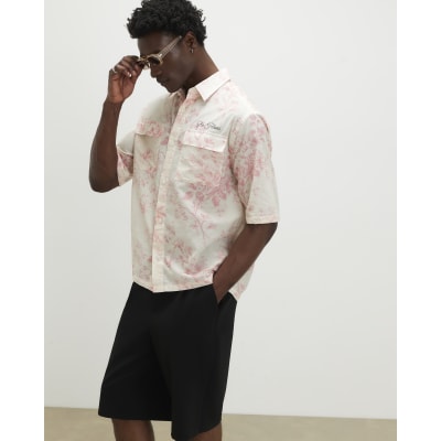 Pink Short Sleeve Floral Printed Cotton Shirt