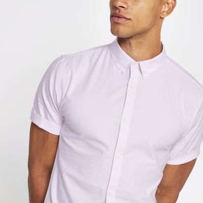 Pink short sleeve muscle fit oxford shirt River Island