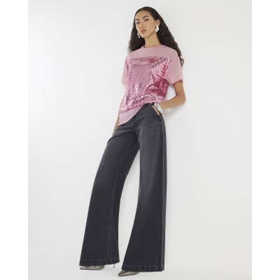 Pink Short Sleeve Sequin Top