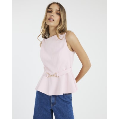 Pink Sleeveless Belted Peplum Top