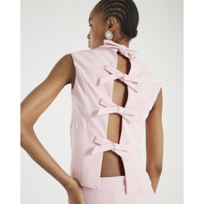Pink Sleeveless Diamante Collar Bow Back Top