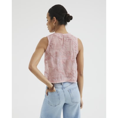 Women's V Neck Lace Guipure Tank Top - Sleeveless Blouse, Floral Print, Summer Casual Tunic, Size X-Large Pink