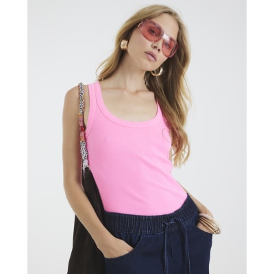 Pink Sleeveless Ribbed Tank Top