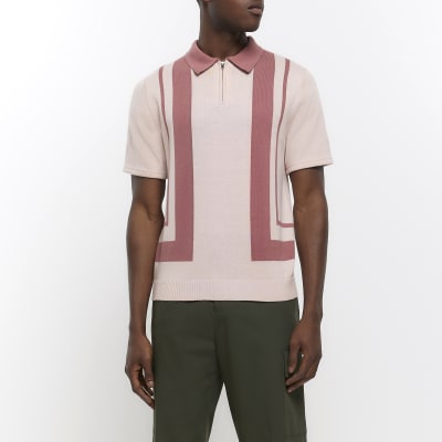 Pink slim fit knitted colour block polo