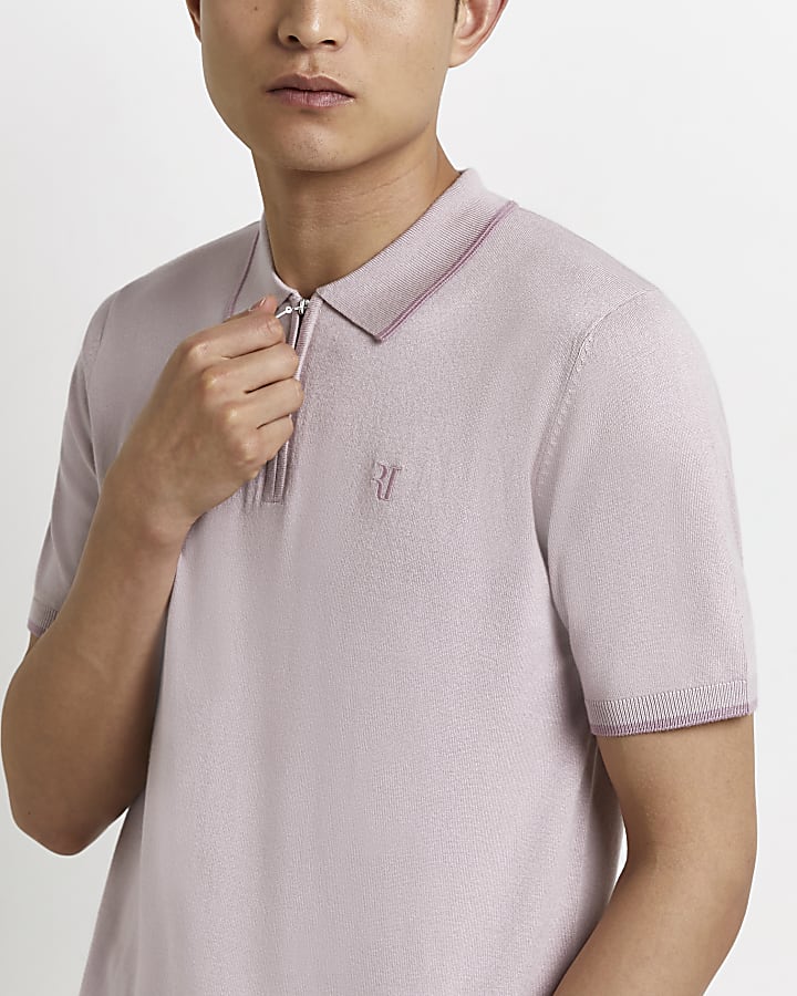 Pink Slim fit knitted Polo shirt