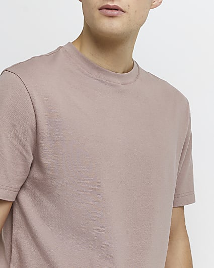 Pink slim fit pique curved hem t-shirt