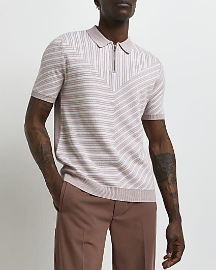Pink slim fit Stripe knitted Polo shirt