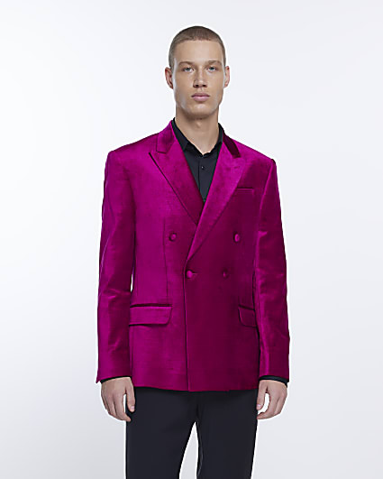 Pink slim fit velvet structured blazer