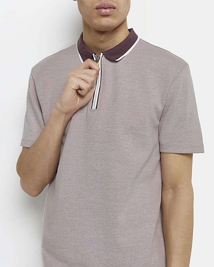 Pink slim fit zip polo shirt
