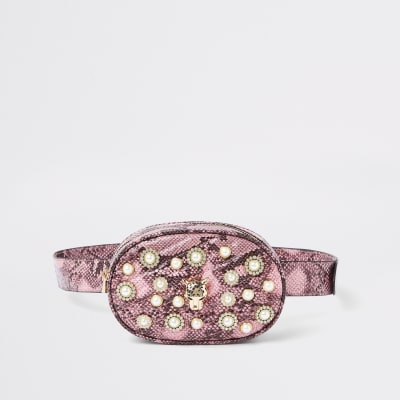 Pink snake print embellished belt bum bag