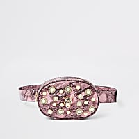 Pink snake print embellished belt bum bag