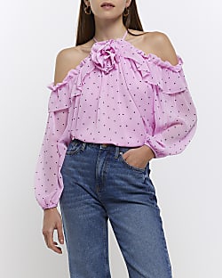 Pink spot cold shoulder corsage blouse
