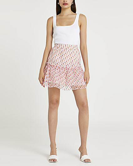 Pink spot print frill organza  mini skirt